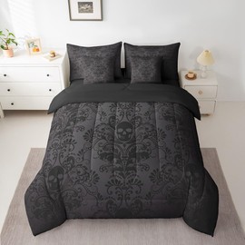 Erosebridal Gothic Damask Bed in a Bag Queen Comforter Set 7 Piece,Sugar Skull Bedding Sets Black Grey Victorian Floral Goth Sheet Set with Comforter
