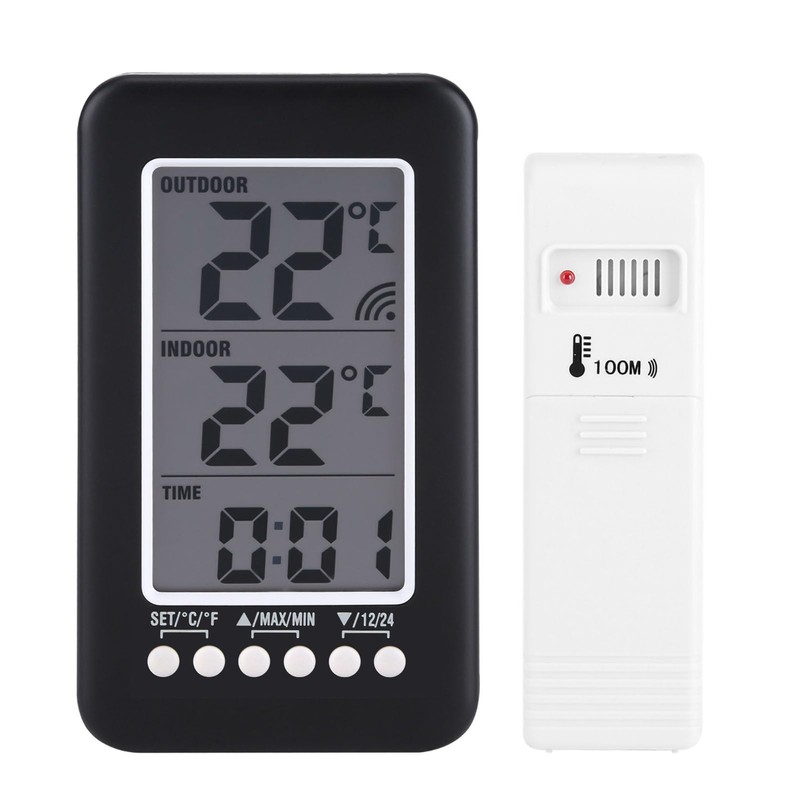 LCD Digital Indoor Outdoor Thermometer Clock Temperature Meter Wireless for