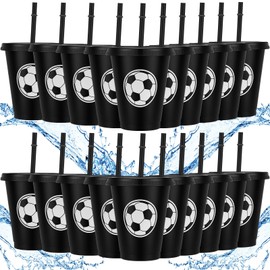 Domensi 20 Pcs Soccer Party Favor Cups Bulk 16oz Soccer Cups Reusable Soccer Plastic Tumbler with Lid and Straw for Team Coach Friend Fan Men Women Gifts Party Favor Decoration Supplies