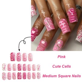 MIXFOSAHN French Tip Press on Nails Medium Square Fake Nails Nude False Nails with Charms Pink Bubbles Designs Glossy Full Cover Glue on Nails Stick on Nails Acrylic Nails for Women Girls 24 Pcs