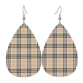 MIOAOSRT Traditional Plaid Earrings Scottish Tartan Faux Leather Earrings Leaf Earring Teardrop Dangle Earrings for Women