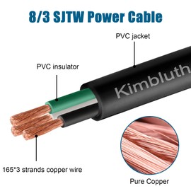 Kimbluth 8 Gauge 3 Conductor Wire SJTW Outdoor Extension Power Cable 20FT, 8/3 Wire Heavy Duty Pure Copper Electrical Wire for Lawn, Battery, Automotive, Outdoors