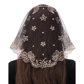 Bozidol 2 Pack Floral Mantilla Veils for Church Catholic, Small D Shaped Camellia Flower Embroidered Lace Chapel Veil, Prayer Latin Mass Head Coverings for Women