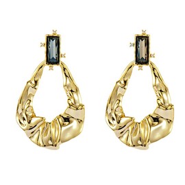 Channel V Vintage Black Rhinestone Earrings Gold Pleated Design Light Luxury Niche Delicate Earrings Fashion Teardrop Circle Dangle Earrings Sterling Silver Post, one size, Alloy Steel, Rhinestone