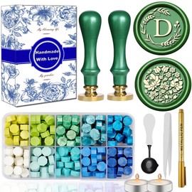 WUERLIN Elegant Initial D Wax Seal Kit,2pcs Exquisite Brass Stamp Heads with Eucalyptus & Flower Designs Ideal for Wedding Invitations Gift Wraps Envelopes and Christmas Cards (Alphabet D Kit)