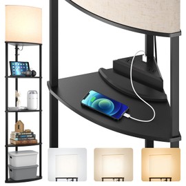 addlon 5-Tier Corner Shelf Sector Floor Lamp with Type C, USB Port and 3CCT LED Bulb, Modern Display Floor Lamp for Bedroom, Living Room, Office - Black