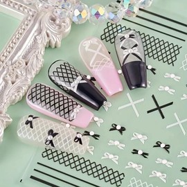 Bow Knot Nail Art Stickers 1pcs Black White Ribbon Bow Designs Self Adhesive Decals Retro Embossed Nail Art Design Decals Cute Nail Sticker Grid Line Bow Nail Decals for Nail Art DIY