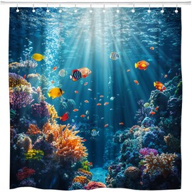 ZFMRZF Ocean Underwater World Shower Curtain Colorful Tropical Fishes Turtle Coral in The Deep Sea Nautical Seabed Scene Bathroom Polyester Curtains Set with Hooks 70x70 Inch