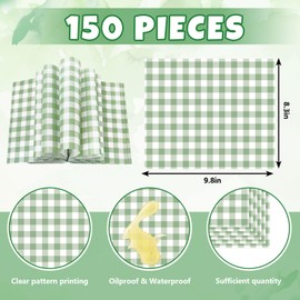 JarThenaAMCS 150Pcs Sage Green Plaid Wax Paper Gingham Checkered Deli Paper Tissue Sandwich Wrap Waterproof Oil-Proof Picnic Liner for Party Kitchen Supplies