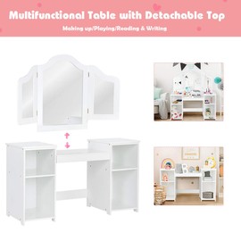 Costzon Kids Vanity, 2 in 1 Princess Makeup Desk Dressing Table with Detachable Top, Toddler Vanity with Tri-fold Mirror & Storage Shelves, Pretend Play Vanity for Little Girls, White