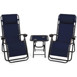 COSTWAY 【Costway】-3 Pieces Folding Portable Zero Gravity Reclining Lounge Chairs Table Set-Black - color: Navy