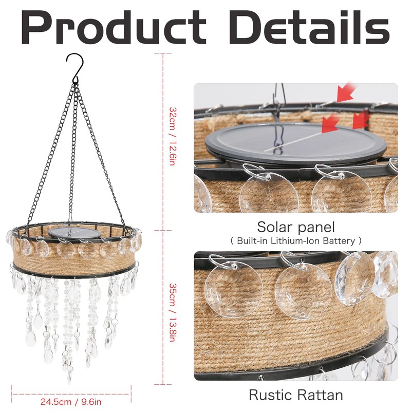 Solar Outdoor Hanging Chandelier, Waterproof Rustic Rattan Hanging Light with