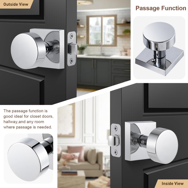 coolnews Polished Chrome Passage Door Knobs Interior, Heavy Duty Square