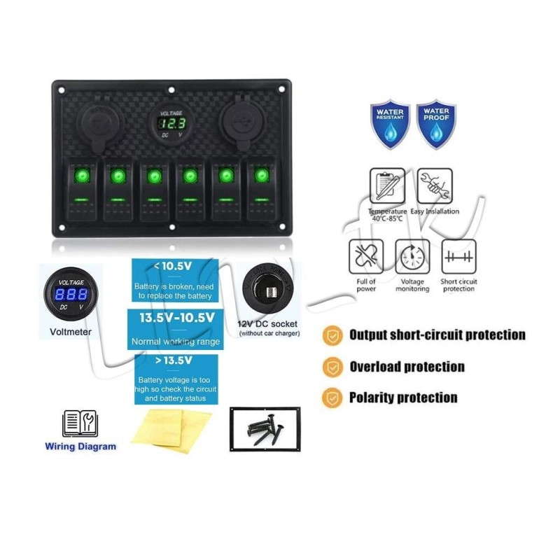 LLD_TK 6 Gang Green LED Waterproof Rocker Switch Panel Breakers