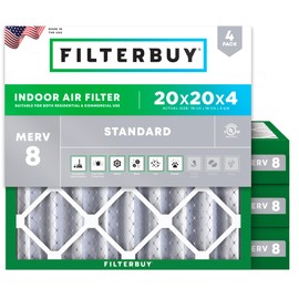 Filterbuy 20x20x4 Air Filter MERV 8 Essential Dust & Allergy Defense (4-Pack), Electrostatic Pleated HVAC AC Furnace Filters Replacement (Actual Size: 19.50 x 19.50 x 3.63)