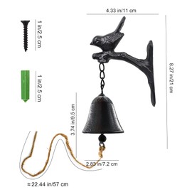 MrMrKura Vintage Cast Iron Dinner Bell with Cute Bird, Hanging Bells Ornament to Wall Mounted Surface with Rope for Outside and Inside Rustic Farmhouse Bell for Home, Church, School and Tavern Decor
