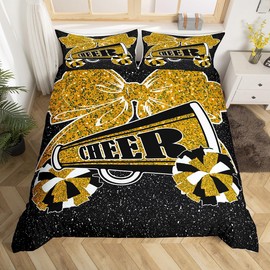 Homewish Cheerleader Duvet Cover 135 x 200 cm Cheerleader Cheer Squad Bedding Set for Girls Bedroom, Glitter Bow Print Comforter Cover Black and Gold Bed Set, Stars Galaxy Bedroom Set
