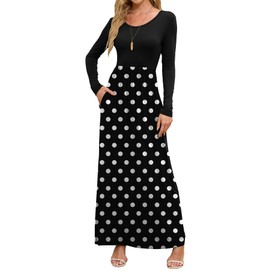 DEARCASE Long Sleeve Maxi Dresses for Women Black Polka Dots Large Round Neck Boho A-line Casual Hawaiian Sundress Flowy Elegant Party Vacation Spring Summer Beach Long Sun Dresses with Pockets