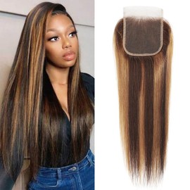 DUAUJUIU Straight Highlight 4x4 Lace Closure Human Hair Closures Blonde mit Brown Hair for Women 14 Inch