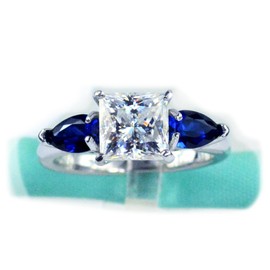 3Stone 2Carat Princess Cut White Moissanite Diamond Blue Sapphire Pear Cut Engagement Ring, 925 Sterling Silver (6.5)