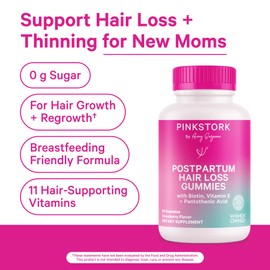 Pink Stork Postpartum Hair Loss Gummies - Biotin with Vitamin E, Pantothenic Acid, B6 & B12 for Beautiful & Strong Hair, Skin, and Nails - Postpartum Essentials for New Moms - 60 Gummy Vitamins