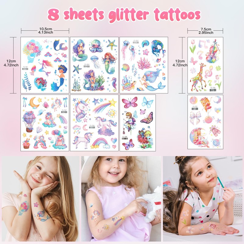 Dawnglow Children's Mermaid Tattoos, 8 Sheets Glitter Tattoos, Children's Unicorn
