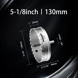 Mollom (5-1/8''|130mm) Heavy Duty Carbide Hole Saw with 2 Pilot Drill Bits, Hole Cutter cuts Stainless Steel, mild Steel, Iron, Copper, Brass, Plastic