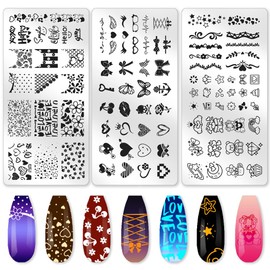 beinkmake 3Pcs Girly Elements Nail Stamping Plate Set Heart Bowknot Nail Stamp Templates French Line Tip Nail Stamp Plates Lovely Metal Reusable Tools with Stamper Scraper for Manicure Printing