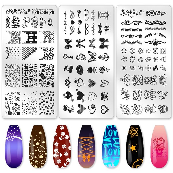 beinkmake 3Pcs Girly Elements Nail Stamping Plate Set Heart Bowknot