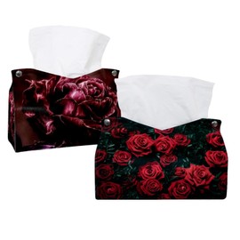 2 Pack Tissue Box Cover Holder, Red Roses Rectangle Leather Tissue Case, Decorative Organizer for Tabletop, Bathroom, Car, Office