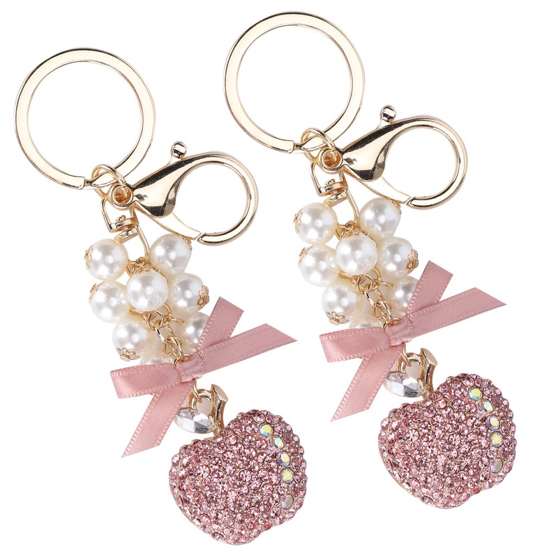 2Pcs Keychain Pendant Pearl DiamondStudded Fruit Shape Key Ring Girl