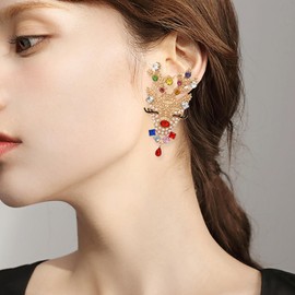 Aishgjia Rhinestone Beaded Christmas Earrings for Women Sweet Colorful Earrings Diamond Big Deer Santa Dangle Earrings Christmas Jewelry (Gold)
