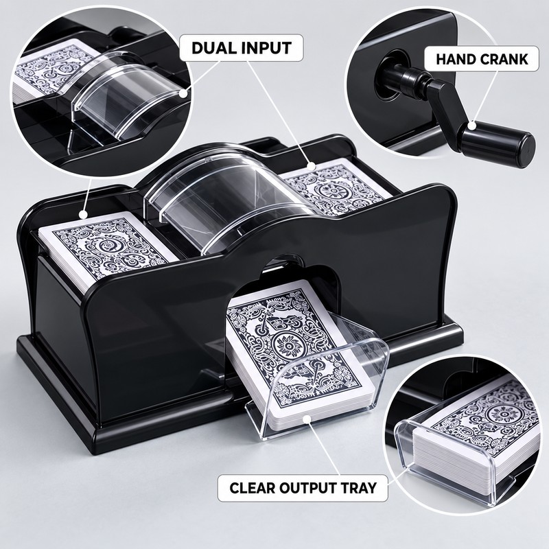 Manual 2-Deck Card Shuffler with Hand Crank, Black Playing Card