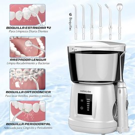 Irrigador Bucal, Water Flosser con Tanque de Agua Grande de 1000 ml, 6 Puntas de Chorro y 6 Niveles de Presión con Memoria de Presión y Pantalla Táctil, Depósito Reversible para Facilitar el Almacenamiento.(Blanco)