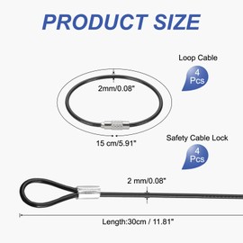 PATIKIL 12 Inch Safety Cable Lock, 4 Pack 0.08 Diameter Stainless Steel Blade Coated Security Cable Luggage Wire Rope with Ended Loops for Bicycle, Door, Luggage, Black