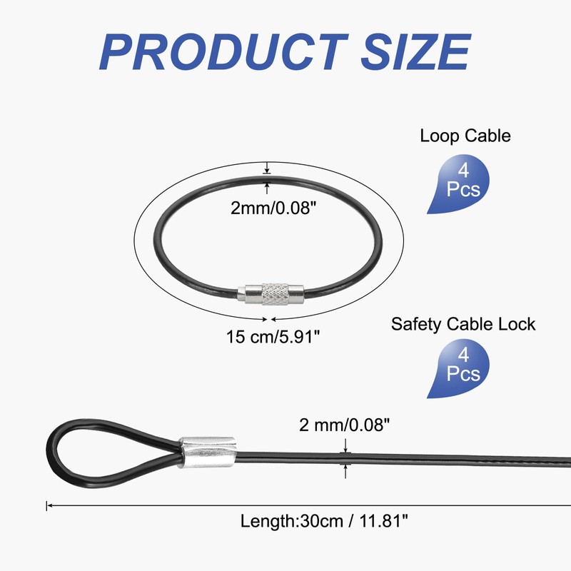 PATIKIL 12 Inch Safety Cable Lock, 4 Pack 0.08 Diameter