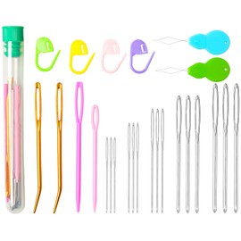 Hekisn 25Pcs Large Eye Blunt Yarn Needles kit, Assorted Sizes Bent Tapestry Darning Needle, Sewing Needles with Needle Threaders & Stitch Markers for Knitting Crochet (Green)