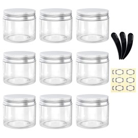 Alledomain 9Pcs 50g/50ml Empty Plastic Jars with 3 Mini Spatulas & 12 Labels Round Clear Cosmetic Sample Container with Inner Liners & Aluminum Lids Travel Storage for Lotion Cream Ointments Makeup