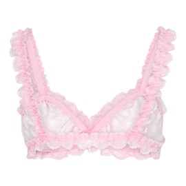 Satini Sissy Frilly Lace Fitted Satin Bralette (Baby Pink - Polka Dots, S)