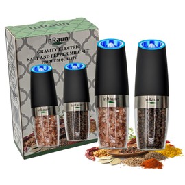 InRaun Gravity Electric Salt & Pepper Grinder Set – End Messy, Uneven Seasoning, Zero Clogging, Grind Fresh, One-Hand Automatic, Adjustable Coarseness, LED Light, Stainless Steel Mills, Black (2Psc)