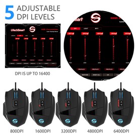 UtechSmart Venus gaming mouse 16400 DPI USB laser MMO gaming mouse, 18 programmable buttons, 16400 DPI sampling rate, configurable LED colour lighting, ergonomic design