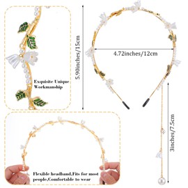Kifmurase Gold Metal Flower Headband for Women Girls, Gold Leaf Boho Hair Vine Floral Pearl Tassel Headbands Wedding Fairy Headpiece Bridal Crown Hairband
