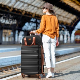 Hoteel 3 Piece Carry on Luggage Sets with Spinner Wheels, ABS Hard Shell Suitcase with TSA Locks, 20 Inch Lightweight Luggages for Travel, Black(BP/TB/20)