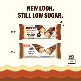 Rip Van Crispy Choco - Milk Chocolate Coated Hazelnut Wafer Bars - Low Sugar Fudge and Hazelnut Cream Filled Snack - 12 Pack