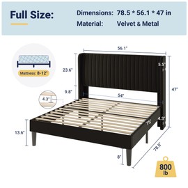 Allewie Full Size Velvet Bed Frame/Vertical Channel Tufted Wingback Headboard/Upholstered Platform Bed/Strong Wooden Slats/No Box Spring Needed/Easy Assembly/Black