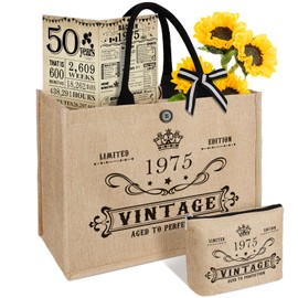 50th Birthday Gifts for Women Jute Tote Bag, Vintage 1975 Burlap Handbag with Cosmetic Bag and Back in 1975 Poster, Unique 50 Years Old Gifts for Mom Friends Wife Sister Her