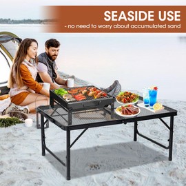 LALA IKAI 3x2 Ft Folding Grill Table, Adjustable Height Collapsible 2-Tier Iron Mesh Design Portable for Outdoor BBQ Cooking Camping Patio