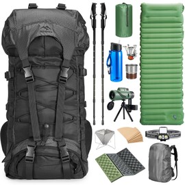 SKTHAXER Premium Hiking Camping Backpack Set, Casual Style with Inflatable Sleeping Pad, Trekking Poles, Monocular, Water Filter Bottle & LED Headlamp - Adventure Essentials for Outdoor Explorers