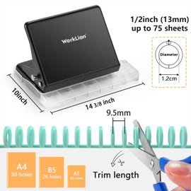 Binding Machine for Planner： WORKLION Metal 10 Hole Punch&Multi Color 30 Hole Loose Leaf Binder Rings(10 pcs) for Making 26 Holes on B5 Paper, 30 Holes on A4, 20 Holes on A5 Book, Black
