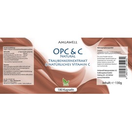 AMLAWELL OPC & C Natural – 180 Kapseln hochwertiges Traubenkernextrakt mit 80 mg natürlichem Vitamin C, vegan